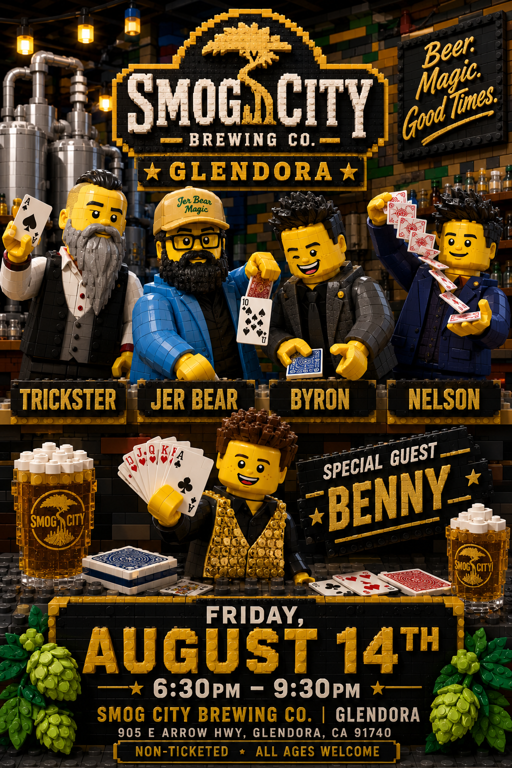 Magic at Smog City Brewing in Glendora with Trickster, Jer Bear, Byron, Nelson and special guest Benny on August 14, 2026